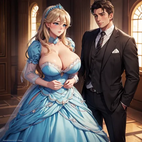 Embarrassed, blushing Cinderella in a dress shows her soft tits to a man, Shy, handsome embarrassed man stands in front of her and looks at her tits in surprise