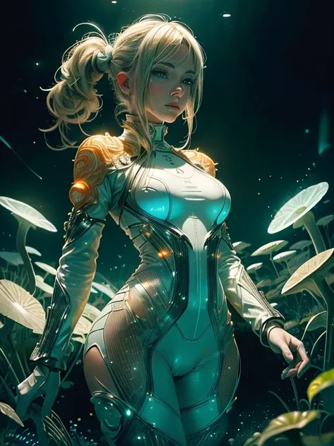 ((best quality)), ((masterpiece)), ((realistic)), (detailed), reflective luminous white:1.5, texture glossy orange:1.3, 1beautiful young caucasian girl, blue eyes, blond hair, twintails,
 sticky jumpsuit (cameltoe), sexy, top to bottom photo, lots of glow ...