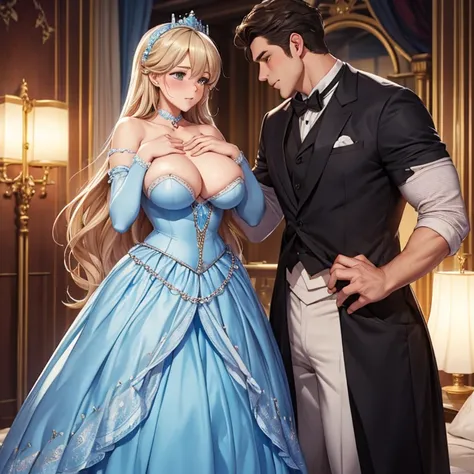 Embarrassed, blushing Cinderella in a dress shows her soft tits to a man, Shy, handsome embarrassed man stands in front of her and touches and caresses her soft tits