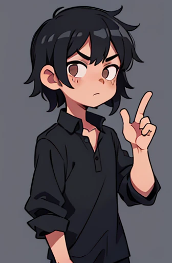 1 boy, with wavy black hair, wearing a black blouse,