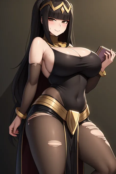 ((extreme detail)),(ultra-detailed), extremely detailed CG  3d unity 8k wallpaper, tharja, (large breasts), gold loincloth, gold-lined bodystocking, gold hairband, gold collar, holding book, ((torn clothes)), looking at viewer, ((dark aura)), (dark energy)...