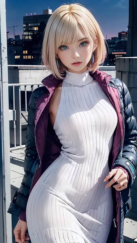 layered bob hairstyle, (Blonde with pink inner color), She has beautiful sparkling purple eye color, ​masterpiece, Best Quality,(Photorealistic: 1.4),Ultra High Resolution, unity 8k, (Beautiful detailed eyes:1.6),Symmetrical, extra detailed face, Perfect L...