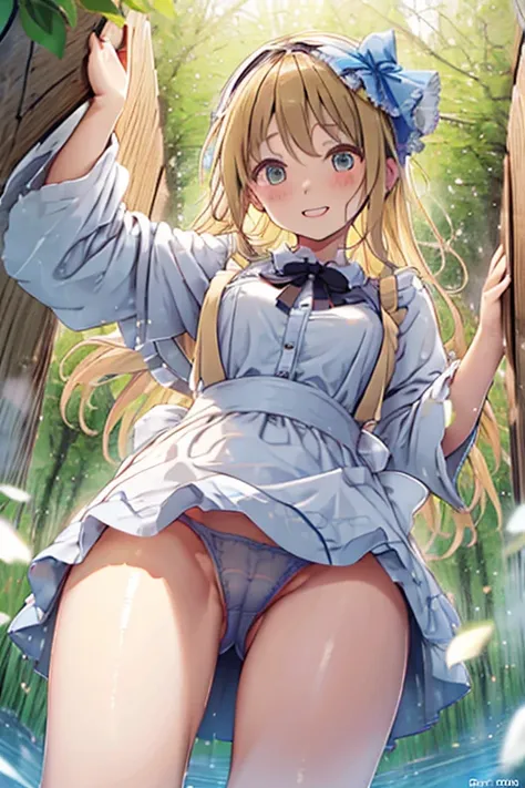 A 12 year old girl with a cute Alice in Wonderland blonde wavy headband sits naked with her legs spread wide showing her ass, anus, pussy and small nipples.。wearing an apron dress。I dont wear any underwear。A pose where you can be seen from below。are small。...