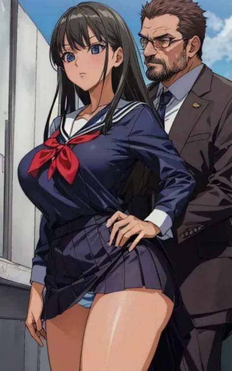 A beautiful woman with long black hair, big breasts, beautiful legs, and a sharp face is facing off against a middle-aged man in a suit wearing a sailor uniform with a white miniskirt, showing off her light blue and blue panties.。