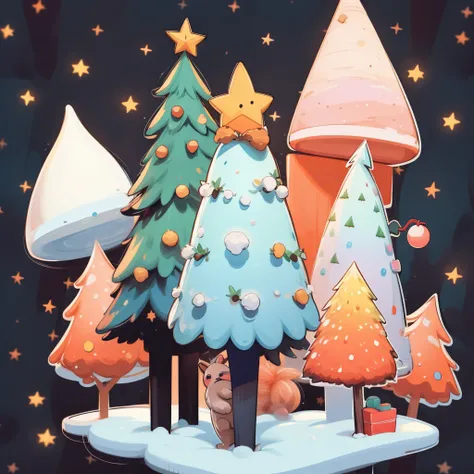 a sticker,Marshmallow Christmas Tree,  Winter night sky background,