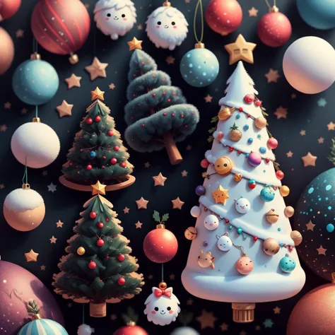 a sticker,A marshmallow Christmas tree, Winter night sky background,