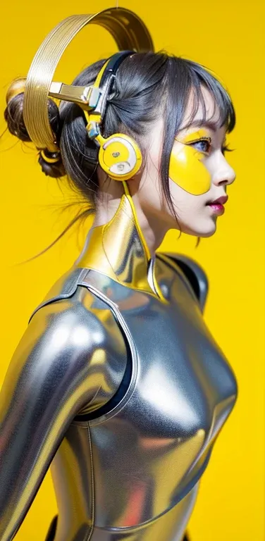 profile photo, in front of the yellow wall, asian cyborg woman without body, connected by cable, twisted cable and wire and led,...