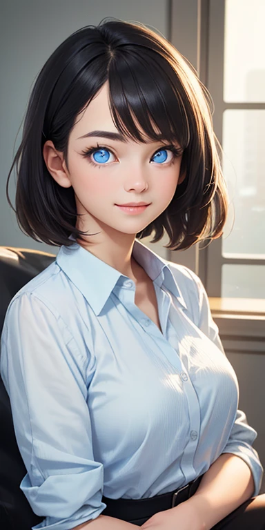 baby face, short black hair,messy hair, (photorealistic:1.4), (masterpiece, sidelights, exquisite beautiful eyes: 1.5), masterpiece*portrait, realistic, 3D face,kawaii face,front view: 1.5、 (glowing blue eyes:1.2),(tareme:1.5)、forced smile,Rosy Mouth,Slim ...