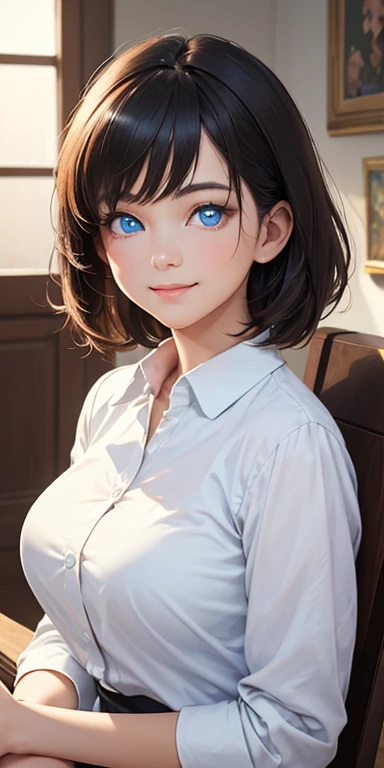 baby face, short black hair,messy hair, (photorealistic:1.4), (masterpiece, sidelights, exquisite beautiful eyes: 1.5), masterpiece*portrait, realistic, 3D face,kawaii face,front view: 1.5、 (glowing blue eyes:1.2),(tareme:1.5)、forced smile,Rosy Mouth,Slim ...