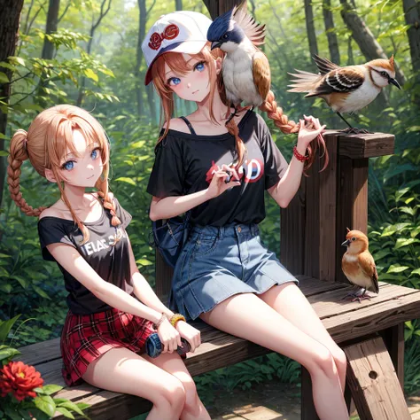 red blonde、blue eyess、Braids、one good looking girl、独奏、animesque、Plaid miniskirt、Black T-shirt、camisole、the woods、Sunlight、sitting on、Wearing a plaid baseball cap、bare-legged、small bracelet、Tilting your face、A small bird is riding on his shoulder