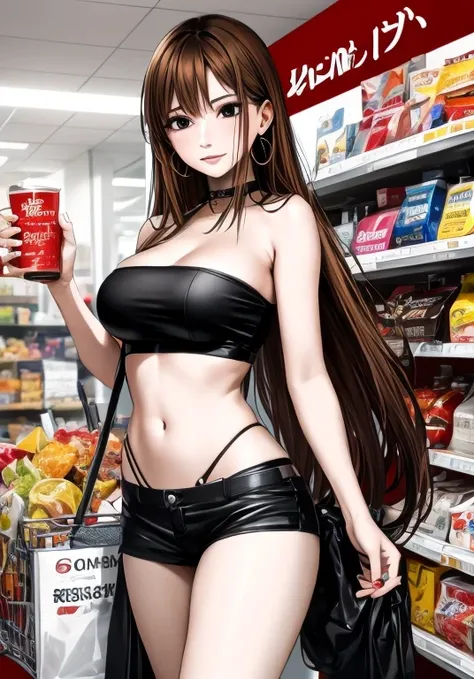 A beautiful adult woman with long, shoulder-length hair, big breasts, beautiful legs, and a sharp face is standing in a supermarket from behind wearing a black tube top that exposes her navel and black hot pants that look like panties.。