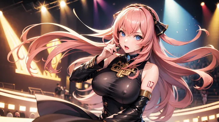 Sfw,(best quality:1.1), (masterpiece:1.2), (1girl:1.2), (solo), (mature female), big breast, volcalist, long pink hair, singing, concert, crowd, on stage, intense spotlight, (detailed eyes:1.2),