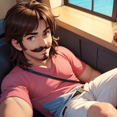 Anime male with nice brown hair and soft lovely eyes. He has a mustache and a goatee. He has pink lips and is smiling.