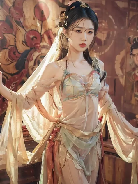 best quality,masterpiece,extremely Detailed details,high resolution,8k,intricate details,realistic,photorealistic,dramatic lighting, 1girl,dunhuang_clothes,dunhuang_dress,small breasts,partially hidden by the clothing,(see-through:1.3),Through a thin veil,...