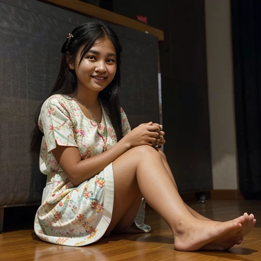 Burmese teenage girl, in tight knot hair, smiling, sitting on a screenshot of social media facebook in a floral pattern painted actual Myanmar friendly dress and slippers. with the name "Kyaw Myint Htay" where facebook is written in the box in front of her...