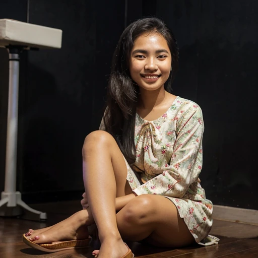 Burmese teenage girl, in tight knot hair, smiling, sitting on a screenshot of social media facebook in a floral pattern painted actual Myanmar friendly dress and slippers. with the name "Kyaw Myint Htay" where facebook is written in the box in front of her...