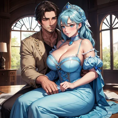 Embarrassed blushing Cinderella sits on the lap of a handsome man, Cinderella&#39;s face opposite the man&#39;s face