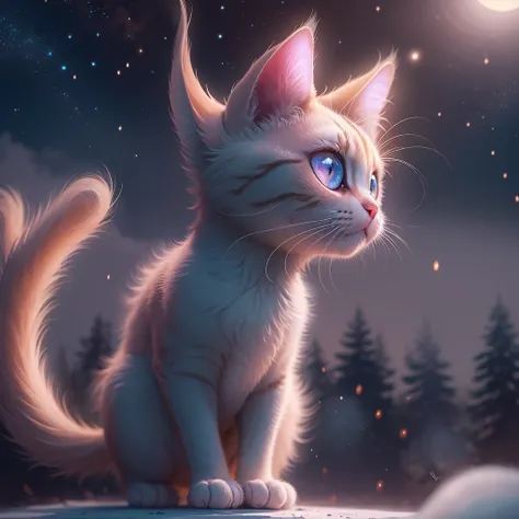 In a winter night sky background, there is a Pixar-style cat wearing a Christmas hat. The cat has bright expressive eyes, a pink nose, and adorable lips. The fur of the cat is fluffy and well-defined. Its face is detailed and full of character. The cat is ...