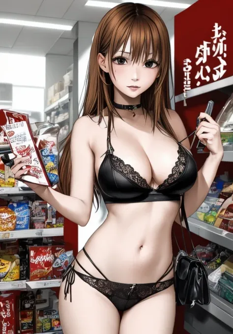 A beautiful adult woman with long, shoulder-length hair, big breasts, beautiful legs, and a sharp face is confronting a male clerk at a supermarket wearing a black tube top that exposes her navel and hot pants shaped like black panties.。