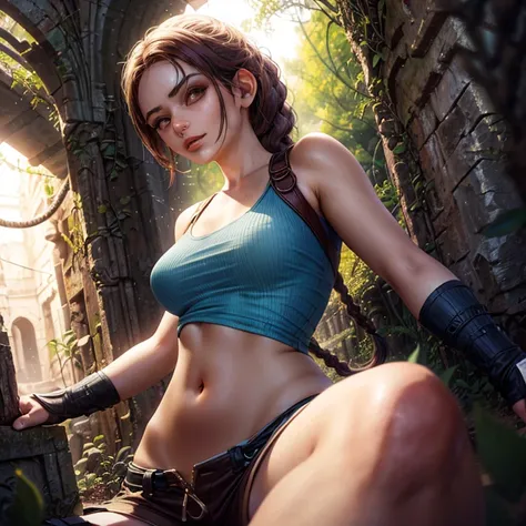 Classic Lara Croft | loca Egypt Tomb Hunter (v1.0) Lara Croft, single braid, (blusa croped azul:1.2), (shorts marrom:1.2), luvas sem dedos, (coldre:1.2), erotic expression, Olhos Sexy, medium breasts, ((mamilos bem 
em relevo )) (erotic posing:1.2), sorrir...