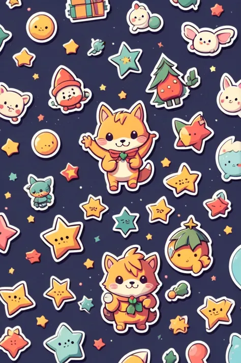 sticker design, christmas sticker, simplebackground, playful, cute, stars, by richard scarry, enhance, intricate, (masterpiece, ...