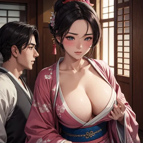 Blushing Mulan in a kimono shows her breasts to a man