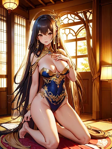 （Enrich the picture，Masterpiece quality）Beautiful 8K CG artwork，Goddess-like pose，kneeling exercises，Thin and soft，Translucent skin，brunette color hair、The beauty of super long hair, Super Long Straight Hair，The skin is fair and juicy，Underwear uniforms，Pe...