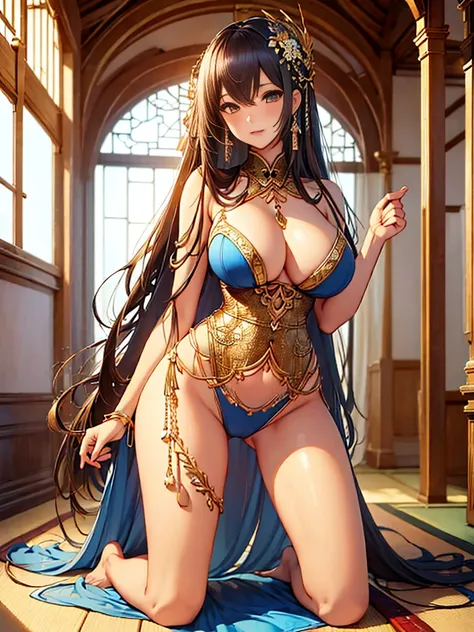 （Enrich the picture，Masterpiece quality）Beautiful 8K CG artwork，Goddess-like pose，kneeling exercises，Thin and soft，Translucent skin，brunette color hair、The beauty of super long hair, Super Long Straight Hair，The skin is fair and juicy，Underwear uniforms，Pe...