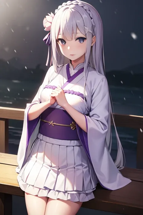 rezeroEmilia, Emilia, braid, crown braid, flower, hair flower, Hair Ornament, Hair Ribbon, Long hair, low-tied Long hair, (Purple eyes:1.2), pointy ear, white flower, x Hair Ornament, Kimono with white，Furisode，a miniskirt，sandals，snow mountains，snow field...