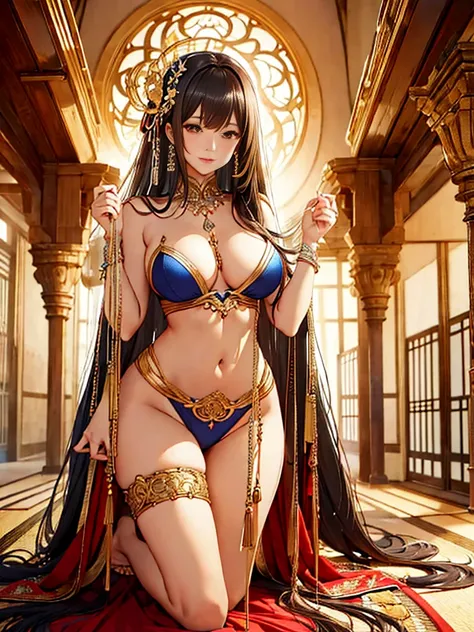 （Enrich the picture，Masterpiece quality）Beautiful 8K CG artwork，Goddess-like pose，kneeling exercises，Thin and soft，Translucent skin，brunette color hair、The beauty of super long hair, Super Long Straight Hair，The skin is fair and juicy，Underwear uniforms，Pe...