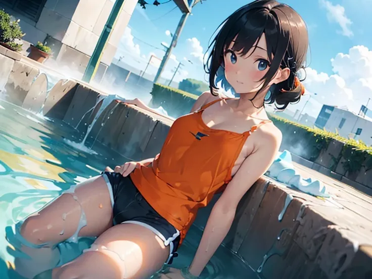 ​masterpiece,top-quality,realisitic,swim wears(orange color camisole,Dark blue shorts),Covered in cloudy, slimy lotion,Large public bath(Add white slimy lotion instead of water),