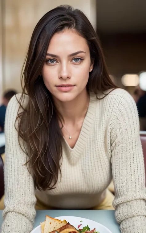 beautiful brunette wearing beige sweater (having lunch inside a modern restaurant), very detailed, 40 years, innocent face, long hair, natural wavy, blue eyes, high resolution, masterpiece, best quality, intricate details, highly detailed, sharp focus, det...