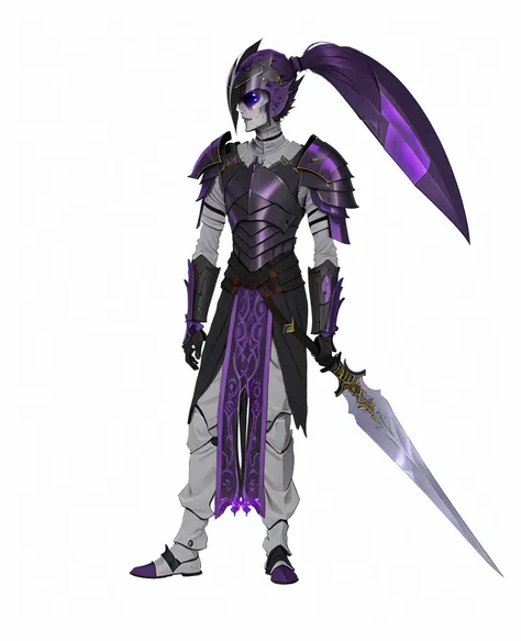 a Undead with a sword and a purple outfit, wearing dark purple armor, full body concept, humanoid form, Undead man, blade runned color palette, concept design, sleek purple armor,Undead man, style of ghost blade, purple armor, finished concept art, half na...