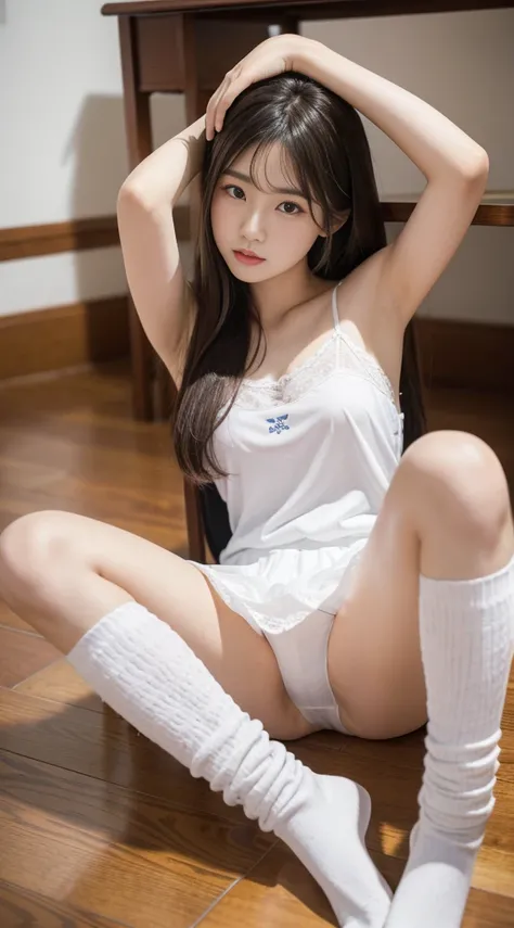 Masterpiece quality high resolution、Anna Tanaka , long whitr hair, Sit down，knee bend、Eight-headed body、beautifullegs 、in a school、As if looking from below、mortified、white lace chemise、