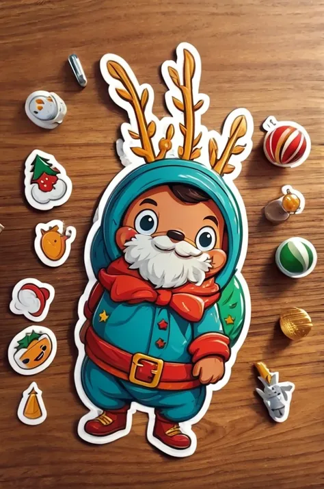 Sticker design, christmas Sticker, (Christmas costume:1.2), Christmas elements, Funny, cute, humorous, 3D cartoon, by Richard Scarry, enhance, intricate, (masterpiece, Representative work, official art, Professional, unity 8k wallpaper:1.3)