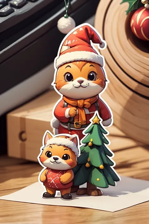 Sticker design, christmas Sticker, (Christmas hat, Christmas costume:1.2), Christmas elements, Funny, cute, 3D cartoon, by Richard Scarry, enhance, intricate, (masterpiece, Representative work, official art, Professional, unity 8k wallpaper:1.3)