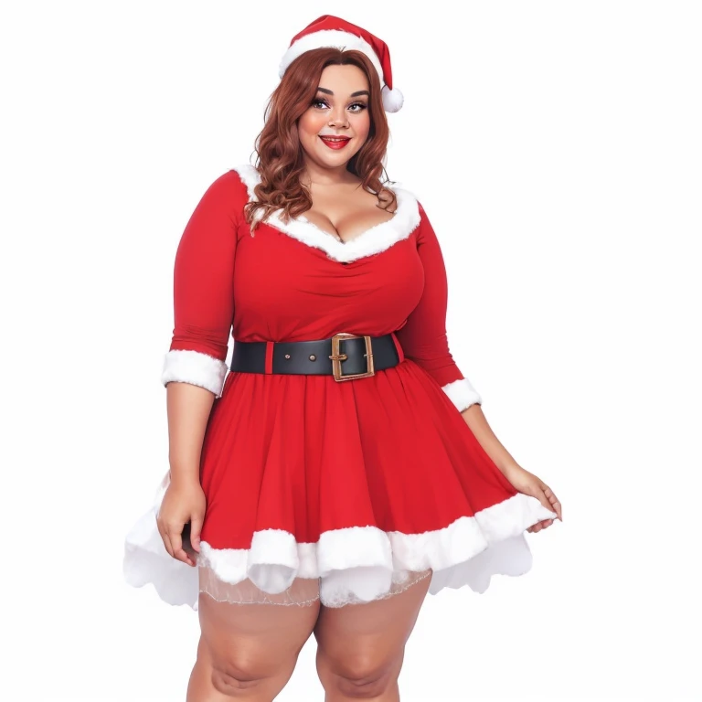 a woman in a red dress and Papai Noel hat posing for a picture, Papai Noele, Papai Noel, plus size, red dress and hat, Santa, fantasia de alta qualidade, fantasia, usando roupas festivas, poser, Phtoto em tons de cinza com vestido vermelho, holiday season,...