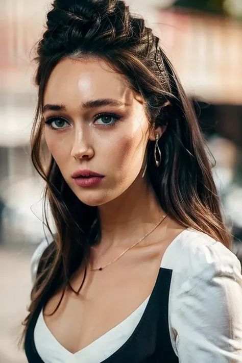 Gentle and beautiful woman, half body photo, delicate and sexy collarbone, charming oval face, double eyelids, smart peach blossom eyes, pink lips, small nose, bare shoulders, focused face, face close-up, ultra-high-definition, super Details, elegant stand...