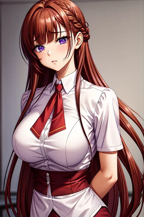 (masterpiece), best quality, 1girl, medium breast, (skinny), long loose hair, light red brown hair, straight hair, french braid, (blunt bangs), hair intakes, long sidelocks, violet eyes, yellow vest, white formal short sleeve shirt, red tie, half body, por...