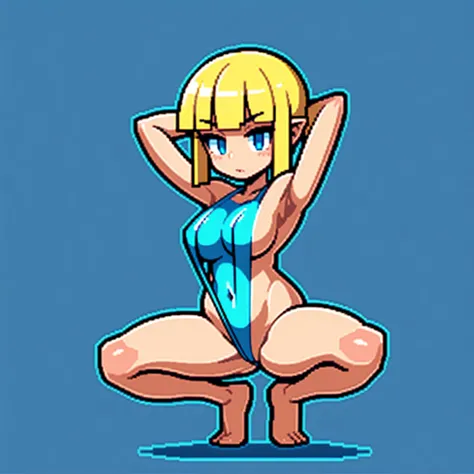 (masterpiece, top quality, best quality, less detail, 8-bit color), pixel,pixel art,1girl, fullbody, smack studio, separate body for edit, ((squatting)), ((armpits)), arms above and behind head, (slingshot swimsuit), (pubic hair), bare foot