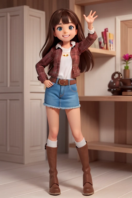 La mejor calidad, realista, retrato, detailed brown hair, Ojos marrones detallados, feliz girl, Figura delgada, Sin antecedentes, falda vaquera, camisa a cuadros con "feliz", botas deportivas negras, medias de lana azul marino