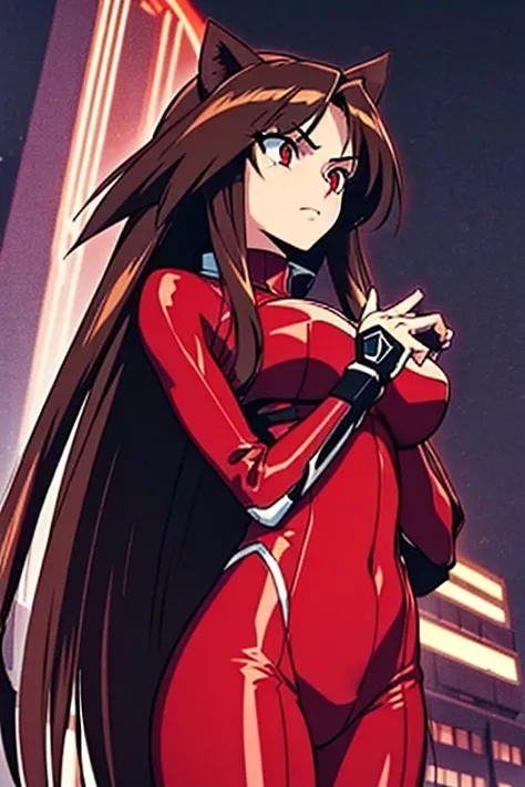 1girl, (skinny, tall), medium breast, loose hair, layered hair, long hair, dark hair, red streaks hair, sidelocks hair, red eyes, hedgehog ears, cold face, (top-down look), dark red plugsuit, night city background, (emerald in hand), half body