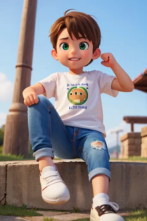 (best quality, realistic, portrait, short brown hair, green eyes, happy boy, medium build, bottomless, long jeans, comic t-shirt, blue sports shoes, white socks)