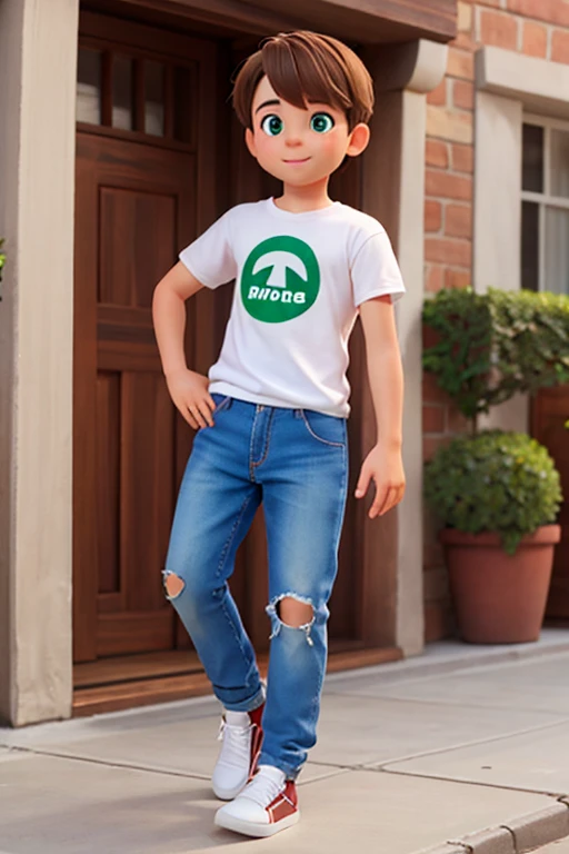 (best quality, realistic, portrait, short brown hair, green eyes, happy boy, medium build, bottomless, long jeans, comic t-shirt, blue sports shoes, white socks)