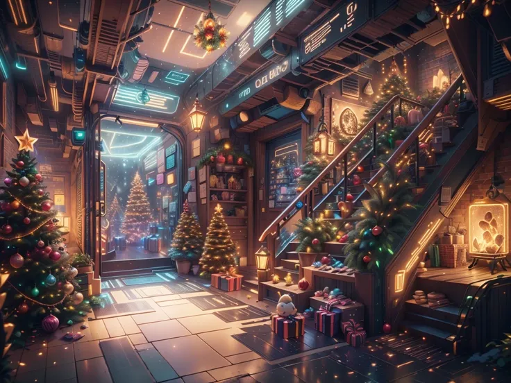 （Future science fiction，Cyberpunk style Christmas room:1.5），(以未来派赛博朋克圣诞元素Decorative style)，(霓虹lamplight)，mechanical fireplace、Lanterns hanging on mechanical stairs、Colorful gifts wrapped under futuristic Christmas tree、Mechanical floor piled with gifts、Dec...