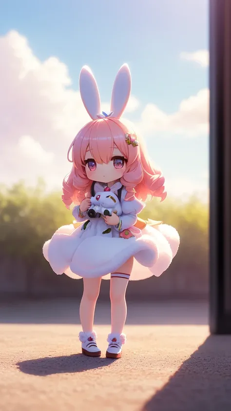 Bunny Morphing Girl, Fluffy, Soft ((Best Quality)), ((masutepiece)), ( Extreme Detail, Supreme Detail, Official art, Beauty and aesthetics: 1.2), depth of fields, Composition, Full body, (Chibi), (Beautiful and detailed eyes: 1.3), (Very satisfied:1), Colo...