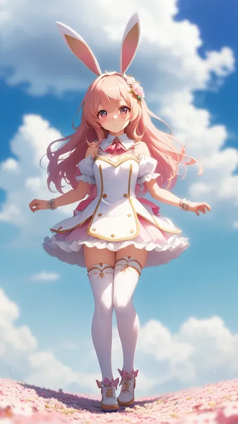 Bunny Morphing Girl, Fluffy, Soft ((Best Quality)), ((masutepiece)), ( Extreme Detail, Supreme Detail, Official art, Beauty and aesthetics: 1.2), depth of fields, Composition, Full body, (Chibi), (Beautiful and detailed eyes: 1.3), (Very satisfied:1), Colo...