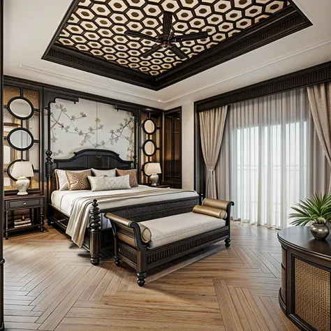 indochine bedroom interior design, a bedroom with bed, lamp, rug, potted plant, pillow, bench, wood floor, black wood furnitures...