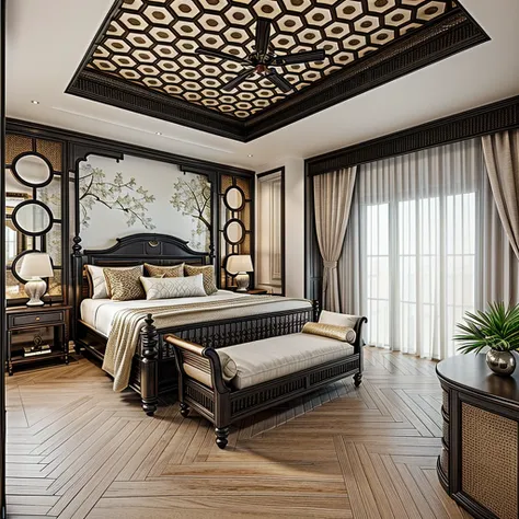 indochine bedroom interior design, a bedroom with bed, lamp, rug, potted plant, pillow, bench, wood floor, black wood furnitures...