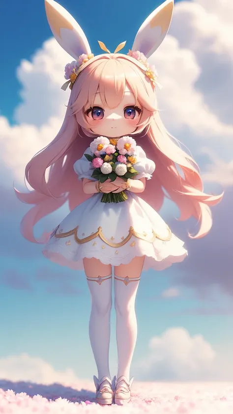 Bunny Morphing Girl, Fluffy, Soft ((Best Quality)), ((masutepiece)), ( Extreme Detail, Supreme Detail, Official art, Beauty and aesthetics: 1.2), depth of fields, Composition, Full body, (Chibi), (Beautiful and detailed eyes: 1.3), (Very satisfied:1), Colo...